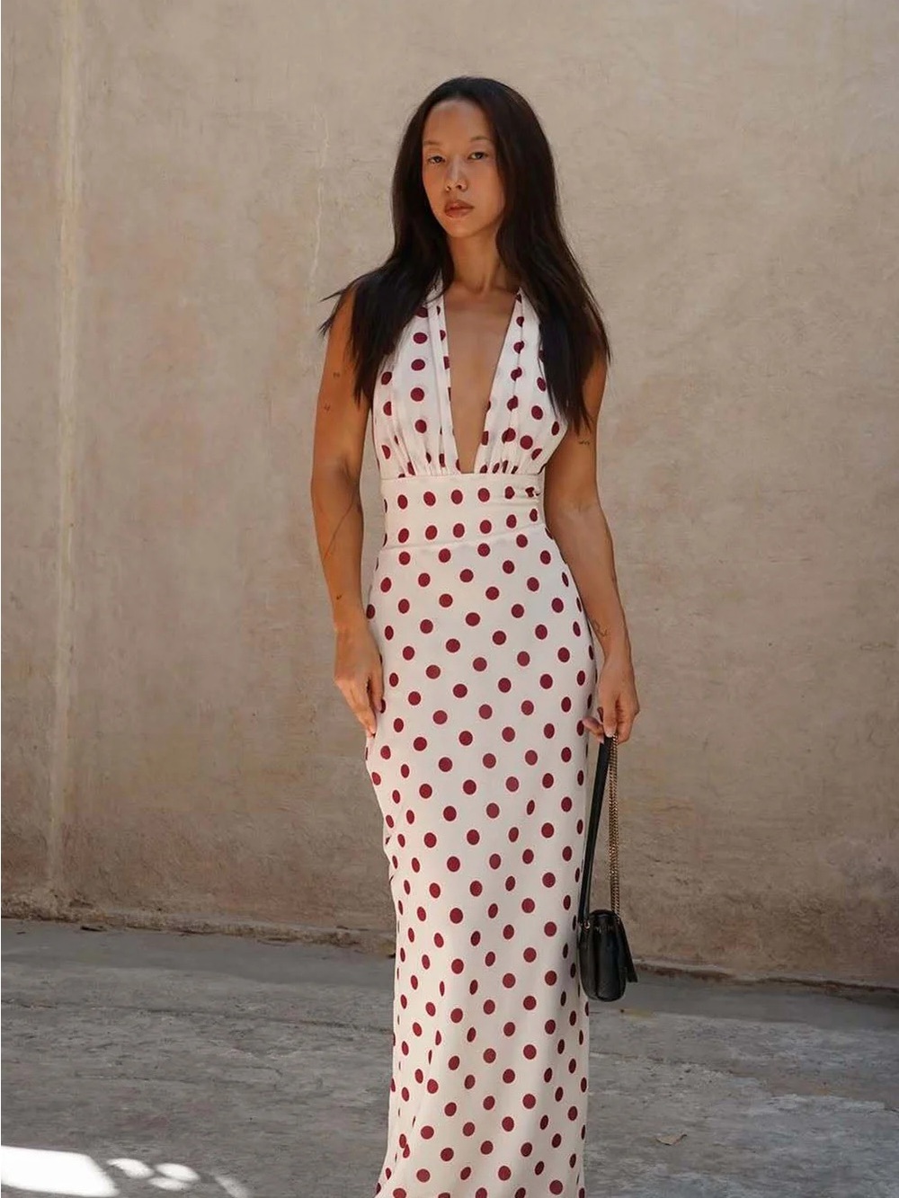 Meshki Halter Chiffon Maxi Dress - Ivory/Merlot Polka Dot